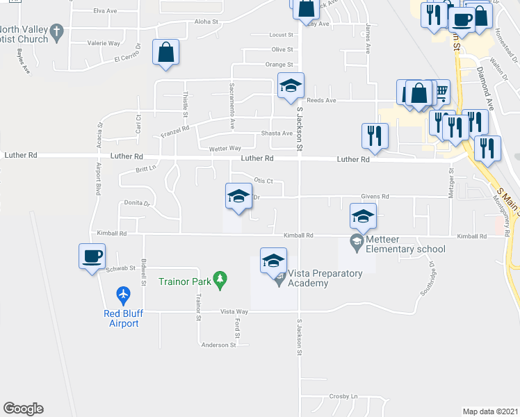 map of restaurants, bars, coffee shops, grocery stores, and more near 1339 Nelson Drive in Red Bluff