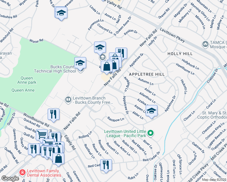 map of restaurants, bars, coffee shops, grocery stores, and more near 14 Appletree Drive in Levittown