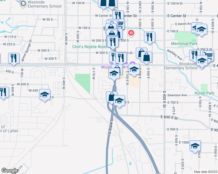 map of restaurants, bars, coffee shops, grocery stores, and more near 67 West 600 South in Springville