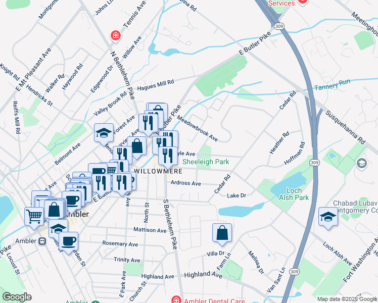 map of restaurants, bars, coffee shops, grocery stores, and more near 544 Argyle Avenue in Ambler