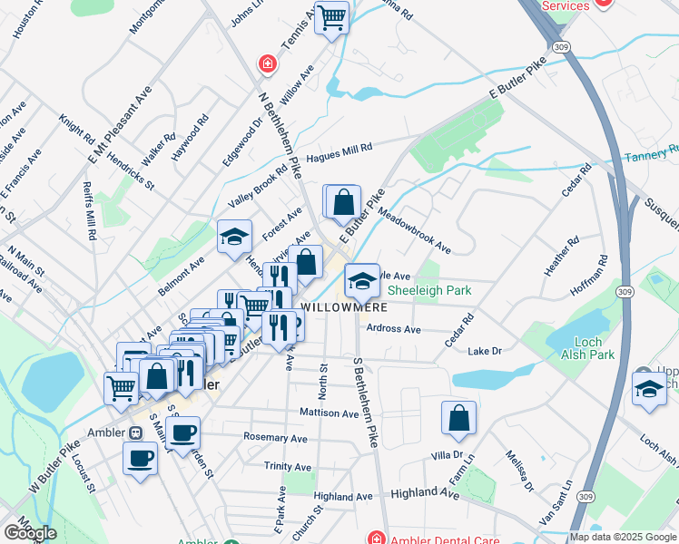 map of restaurants, bars, coffee shops, grocery stores, and more near 46 South Bethlehem Pike in Ambler