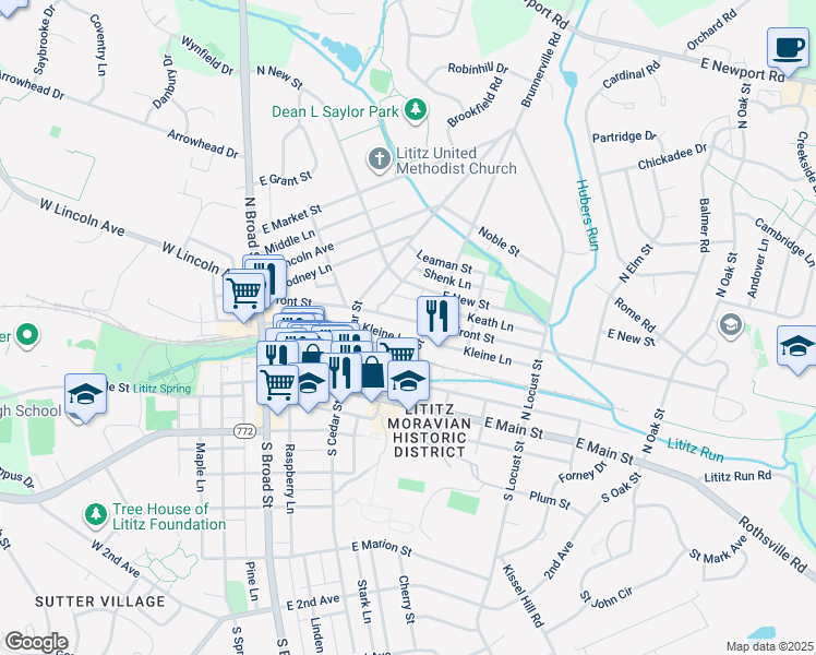 map of restaurants, bars, coffee shops, grocery stores, and more near 158 Front Street in Lititz