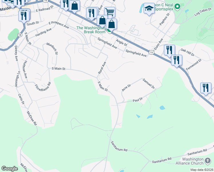 map of restaurants, bars, coffee shops, grocery stores, and more near 945 South Main Street in Washington