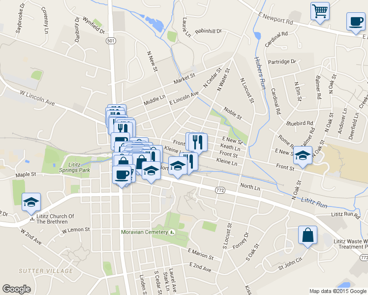 map of restaurants, bars, coffee shops, grocery stores, and more near 158 Front Street in Lititz