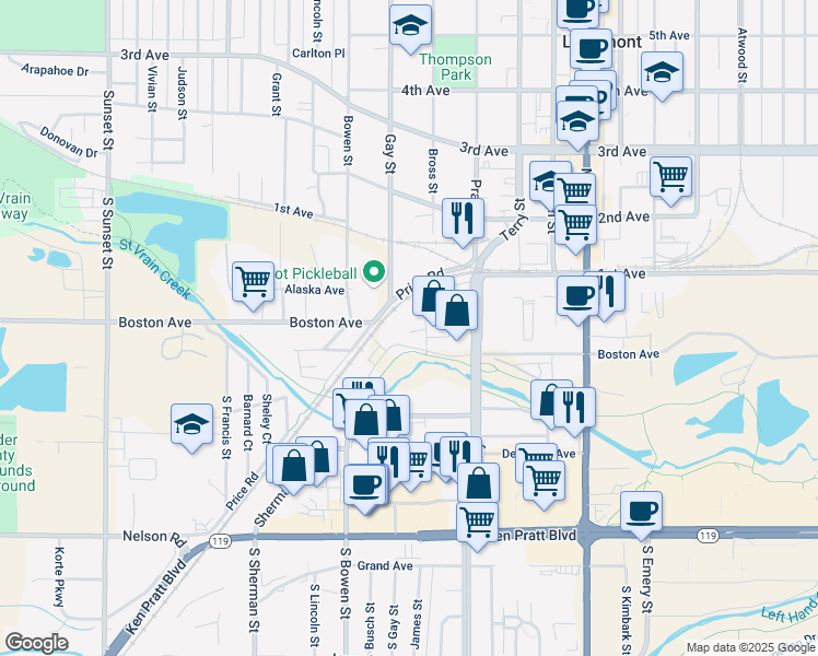 map of restaurants, bars, coffee shops, grocery stores, and more near 1030 Boston Ave in Longmont