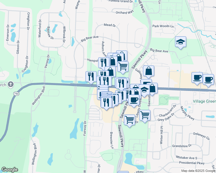 map of restaurants, bars, coffee shops, grocery stores, and more near 4000 West Powell Road in Powell
