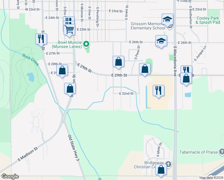 map of restaurants, bars, coffee shops, grocery stores, and more near 3900 South Ebright Street in Muncie