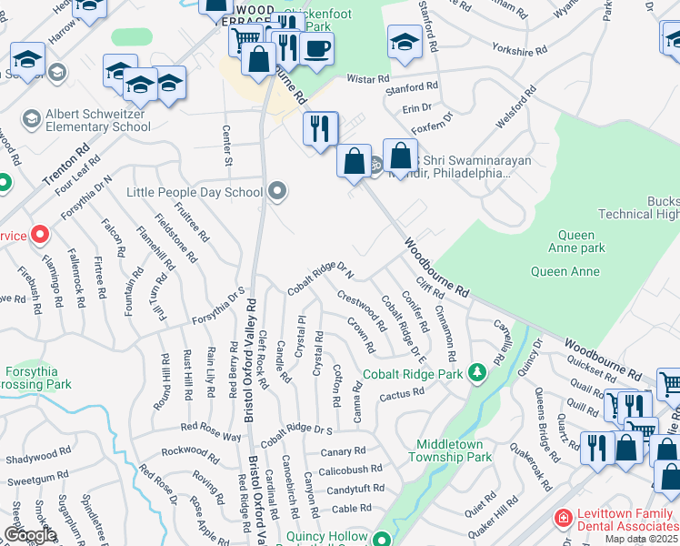 map of restaurants, bars, coffee shops, grocery stores, and more near 80 Cobalt Ridge Drive North in Levittown
