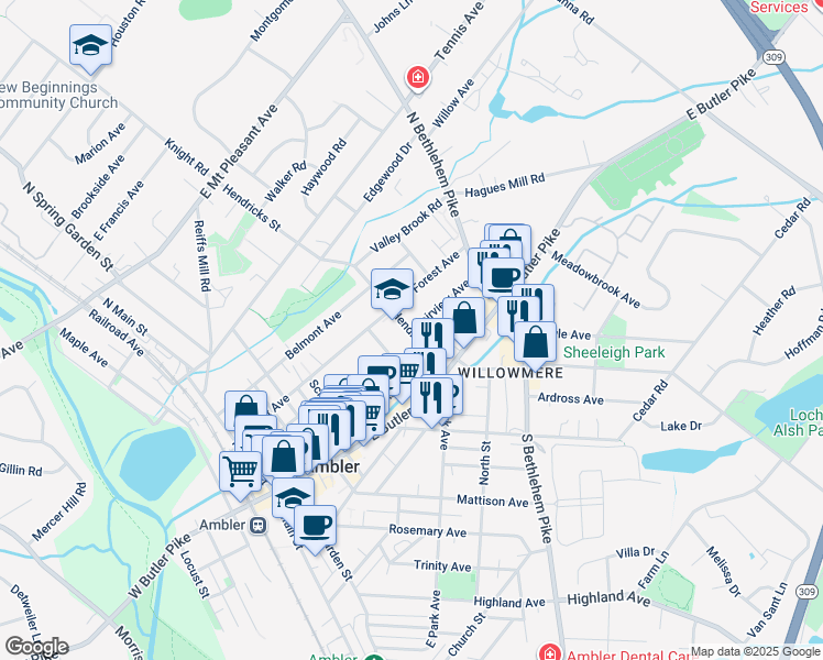 map of restaurants, bars, coffee shops, grocery stores, and more near 278 Fairview Avenue in Ambler