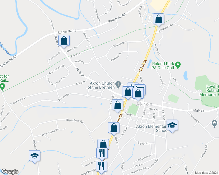 map of restaurants, bars, coffee shops, grocery stores, and more near 515 Main Street in Akron
