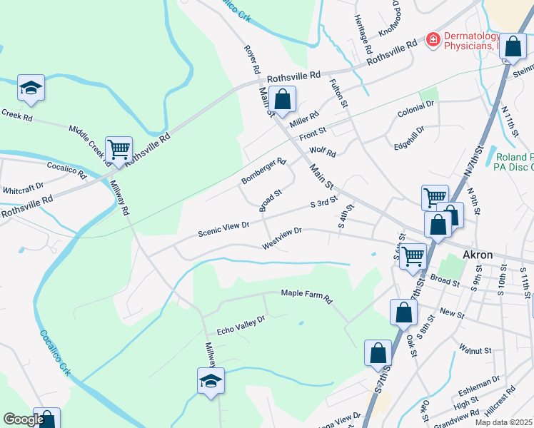 map of restaurants, bars, coffee shops, grocery stores, and more near 64 South 3rd Street in Akron