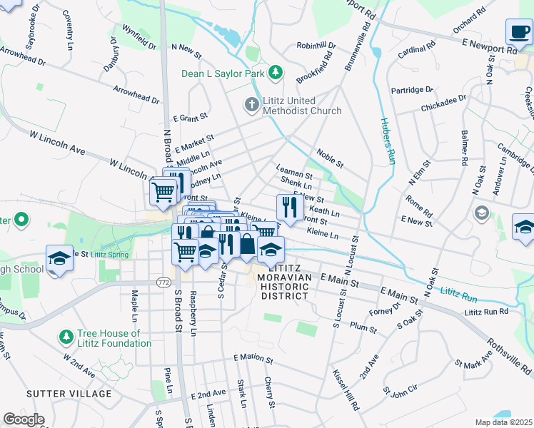 map of restaurants, bars, coffee shops, grocery stores, and more near 152 Front Street in Lititz