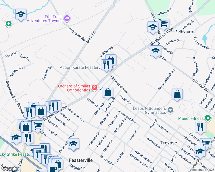 map of restaurants, bars, coffee shops, grocery stores, and more near 1722 Prospect Avenue in Feasterville