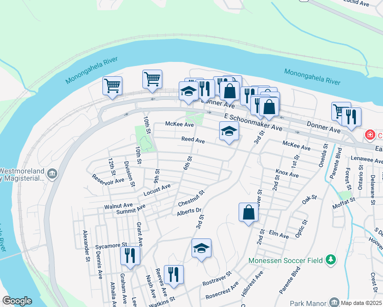map of restaurants, bars, coffee shops, grocery stores, and more near 500 6th Street in Monessen