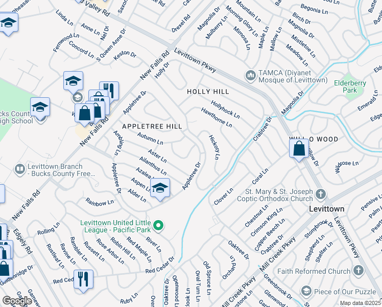 map of restaurants, bars, coffee shops, grocery stores, and more near 27 Arbor Lane in Levittown