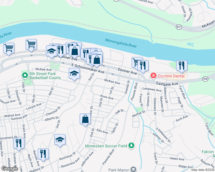 map of restaurants, bars, coffee shops, grocery stores, and more near 408 2nd Street in Monessen