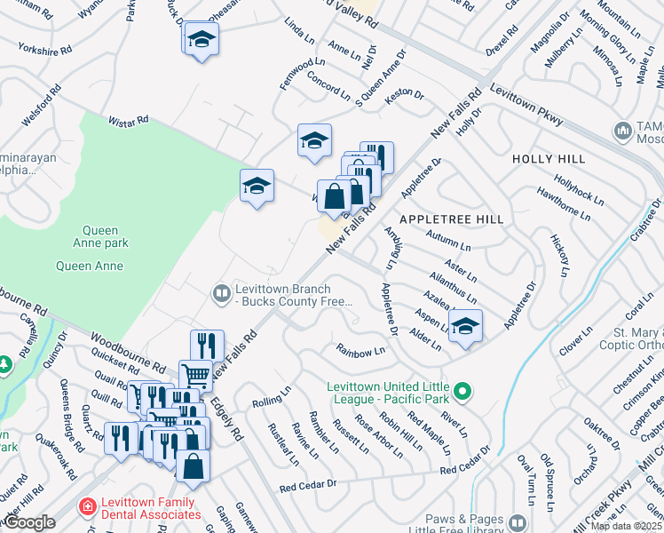 map of restaurants, bars, coffee shops, grocery stores, and more near 46 Rocky Pool Lane in Levittown
