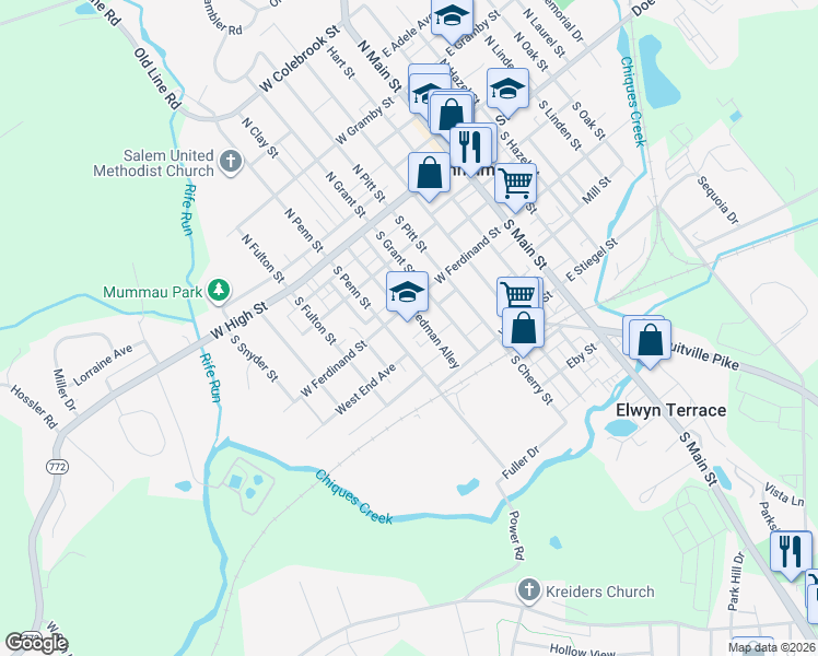 map of restaurants, bars, coffee shops, grocery stores, and more near 111 South Penn Street in Manheim