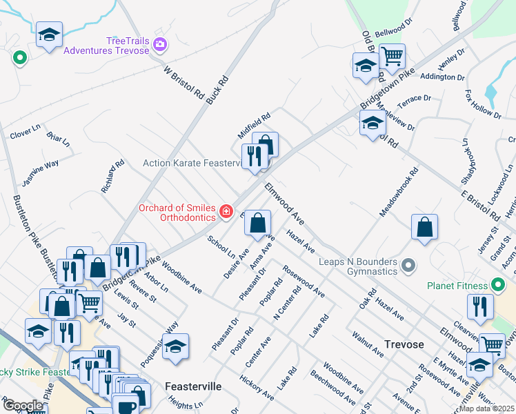 map of restaurants, bars, coffee shops, grocery stores, and more near 1722 Prospect Avenue in Feasterville