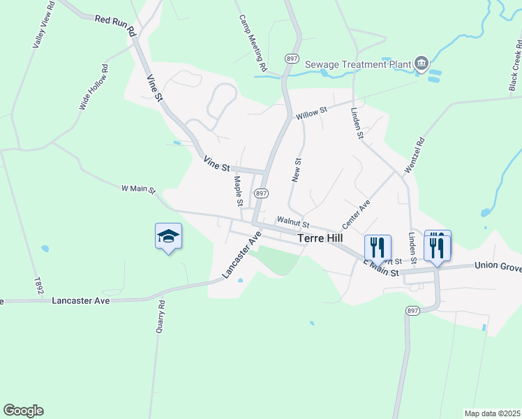 map of restaurants, bars, coffee shops, grocery stores, and more near 300 Broad Street in Terre Hill