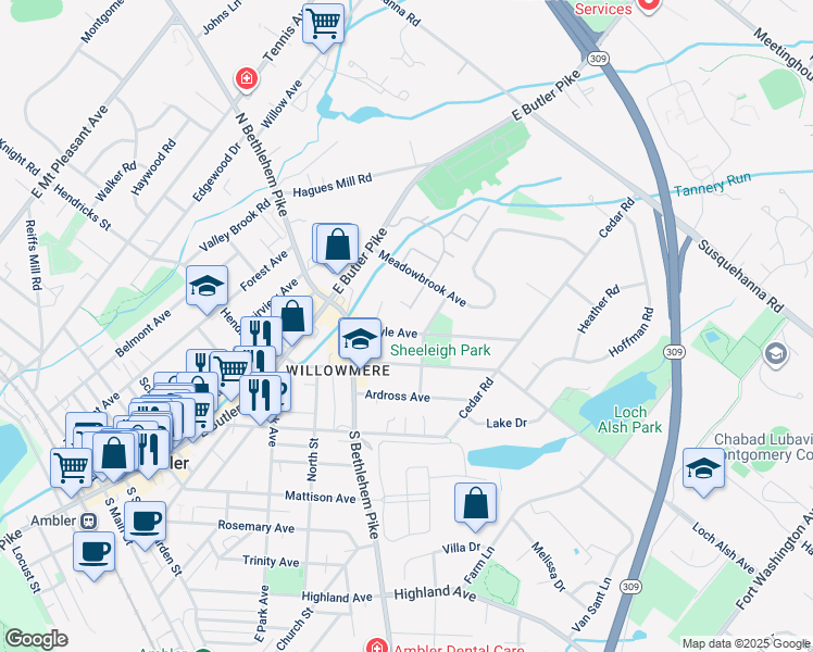 map of restaurants, bars, coffee shops, grocery stores, and more near 546 Argyle Avenue in Ambler