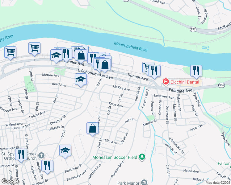 map of restaurants, bars, coffee shops, grocery stores, and more near 408 2nd Street in Monessen