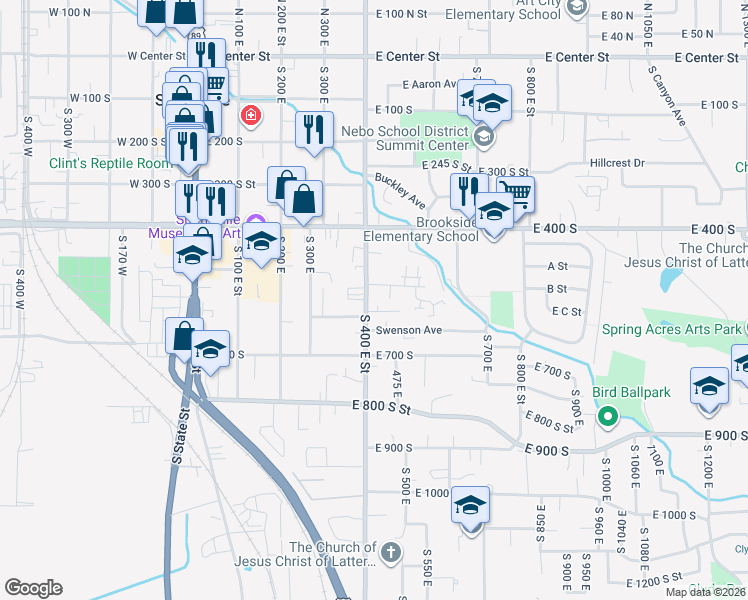 map of restaurants, bars, coffee shops, grocery stores, and more near 615 South 400 East Street in Springville