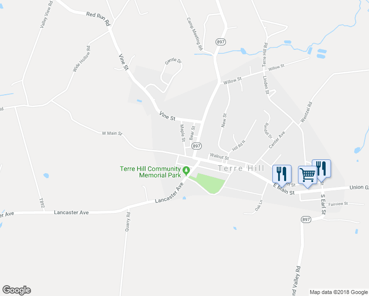map of restaurants, bars, coffee shops, grocery stores, and more near 405 Maple Street in East Earl