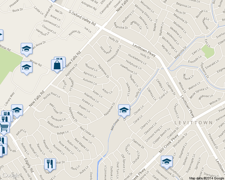 map of restaurants, bars, coffee shops, grocery stores, and more near 11 Arbor Lane in Levittown