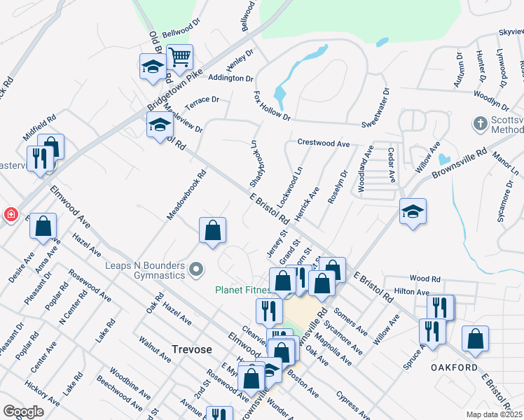 map of restaurants, bars, coffee shops, grocery stores, and more near 221 East Bristol Road in Feasterville-Trevose
