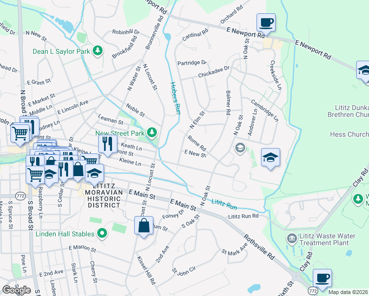 map of restaurants, bars, coffee shops, grocery stores, and more near 501 Front Street in Lititz