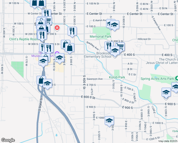 map of restaurants, bars, coffee shops, grocery stores, and more near 580 South 470 East in Springville