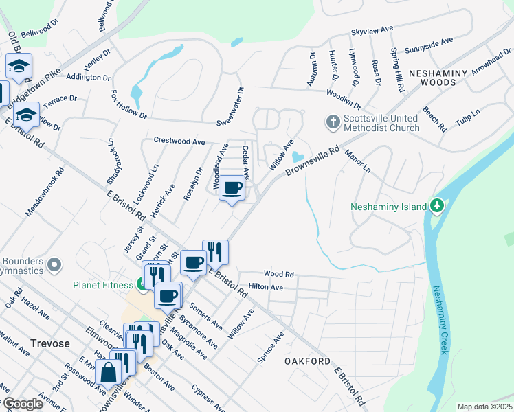 map of restaurants, bars, coffee shops, grocery stores, and more near 2351 Brownsville Road in Langhorne