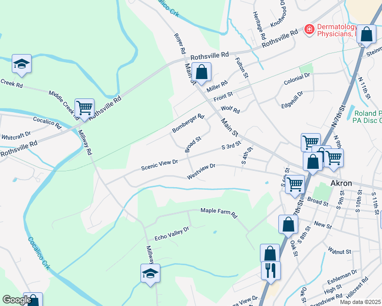 map of restaurants, bars, coffee shops, grocery stores, and more near 64 South 3rd Street in Akron