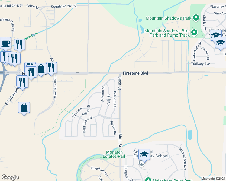 map of restaurants, bars, coffee shops, grocery stores, and more near 10834 Baily Street in Longmont