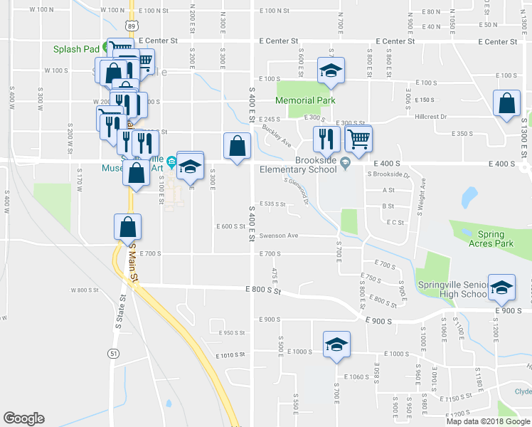 map of restaurants, bars, coffee shops, grocery stores, and more near 615 South 400 East Street in Springville