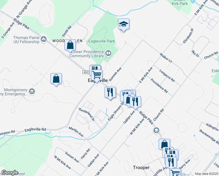 map of restaurants, bars, coffee shops, grocery stores, and more near 3232 Ridge Pike in Eagleville