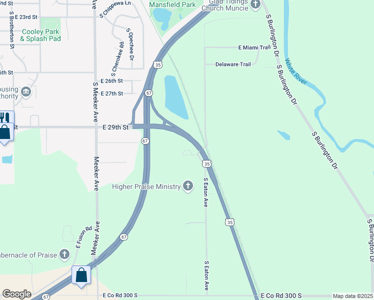 map of restaurants, bars, coffee shops, grocery stores, and more near 3807 South Eaton Avenue in Muncie