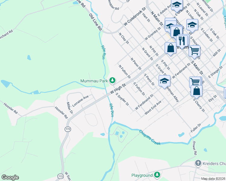 map of restaurants, bars, coffee shops, grocery stores, and more near 26 South Snyder Street in Manheim