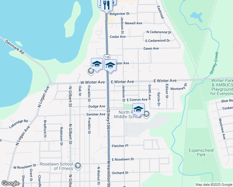 map of restaurants, bars, coffee shops, grocery stores, and more near 2-198 East Conron Avenue in Danville