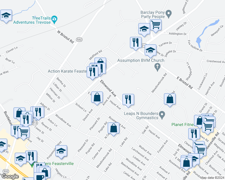 map of restaurants, bars, coffee shops, grocery stores, and more near 116 Elmwood Avenue in Feasterville-Trevose