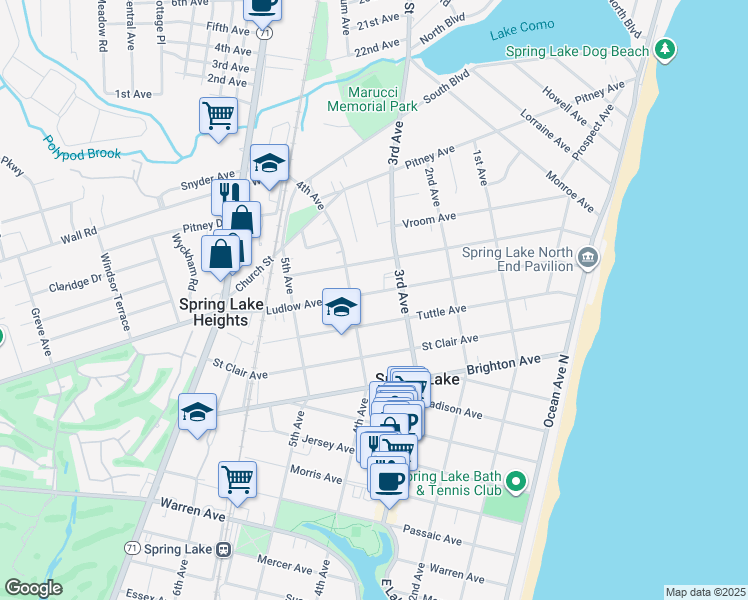 map of restaurants, bars, coffee shops, grocery stores, and more near 318 Tuttle Avenue in Spring Lake