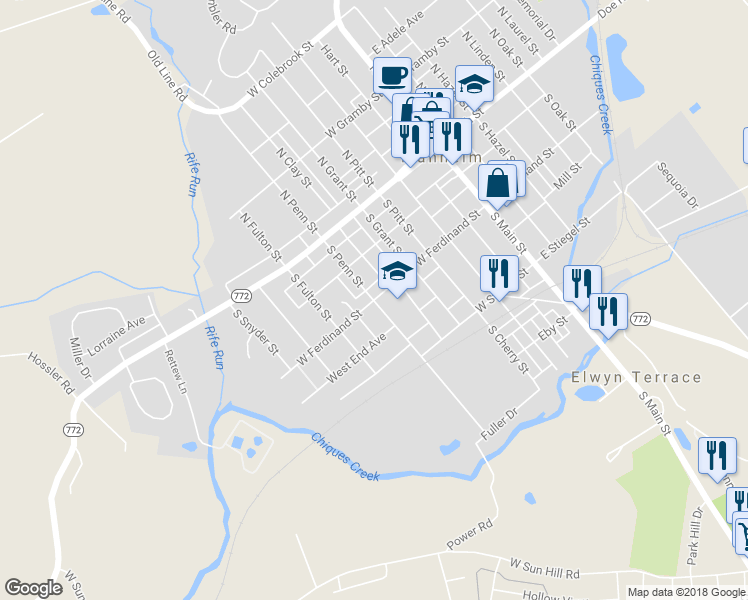 map of restaurants, bars, coffee shops, grocery stores, and more near 299 West Ferdinand Street in Manheim