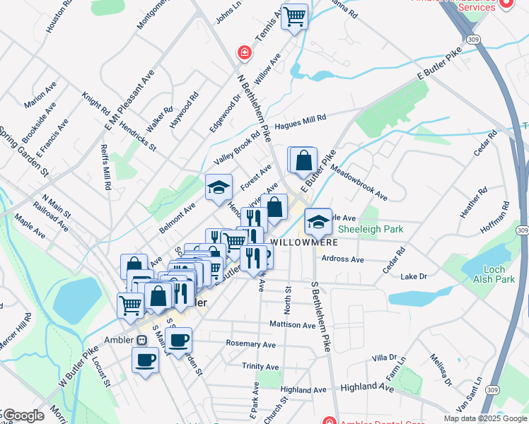 map of restaurants, bars, coffee shops, grocery stores, and more near 14 Rosemont Avenue in Ambler