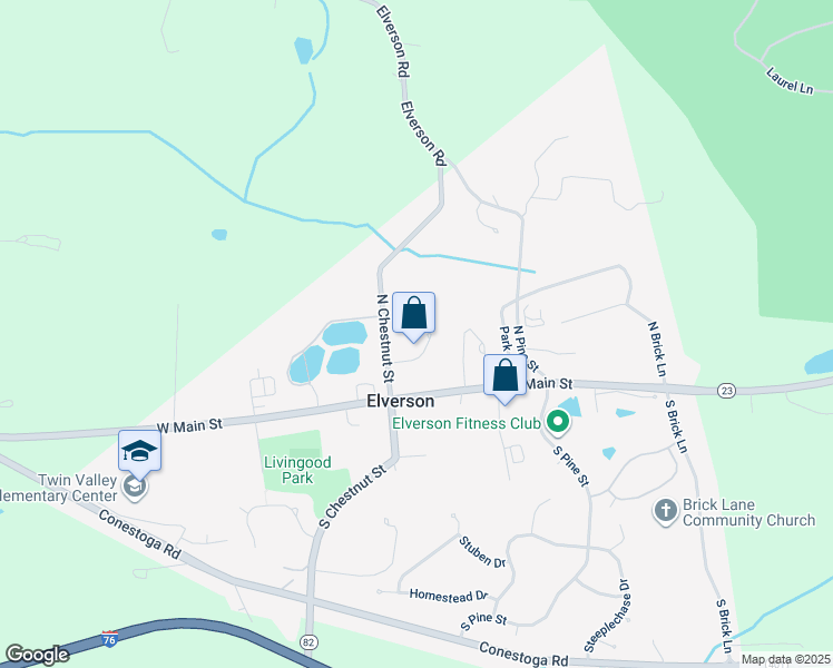 map of restaurants, bars, coffee shops, grocery stores, and more near 36 Springfield Drive in Elverson