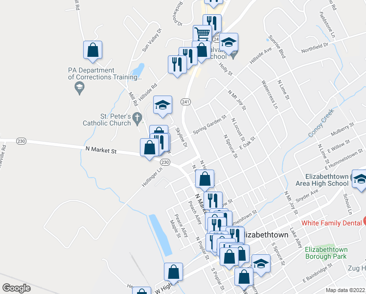map of restaurants, bars, coffee shops, grocery stores, and more near 41 Laurel Avenue in Elizabethtown