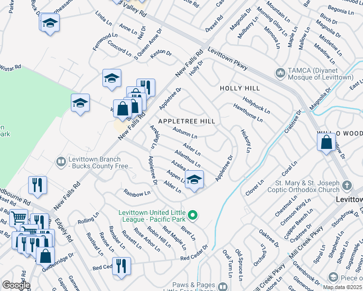 map of restaurants, bars, coffee shops, grocery stores, and more near 61 Aster Lane in Levittown