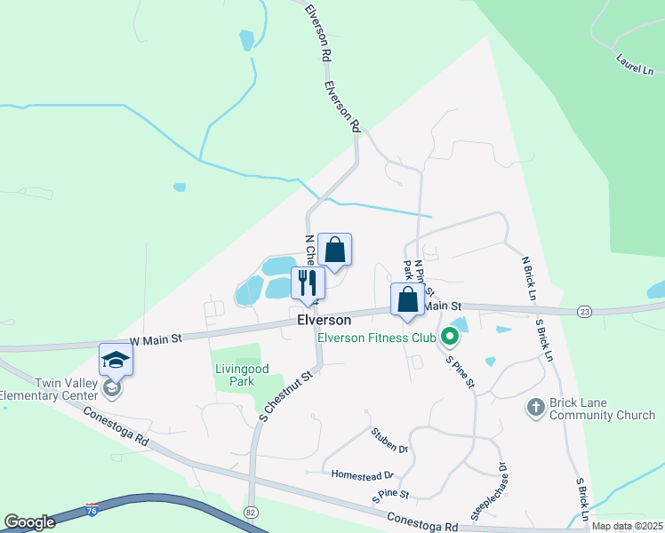 map of restaurants, bars, coffee shops, grocery stores, and more near 36 Springfield Drive in Elverson