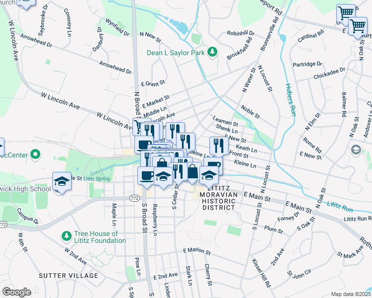 map of restaurants, bars, coffee shops, grocery stores, and more near 31 North Cedar Street in Lititz