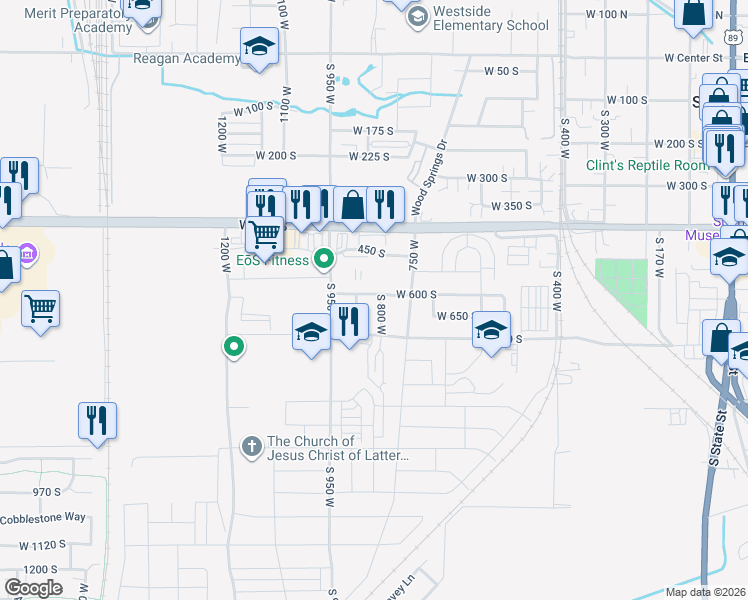map of restaurants, bars, coffee shops, grocery stores, and more near 606 South 800 West in Springville